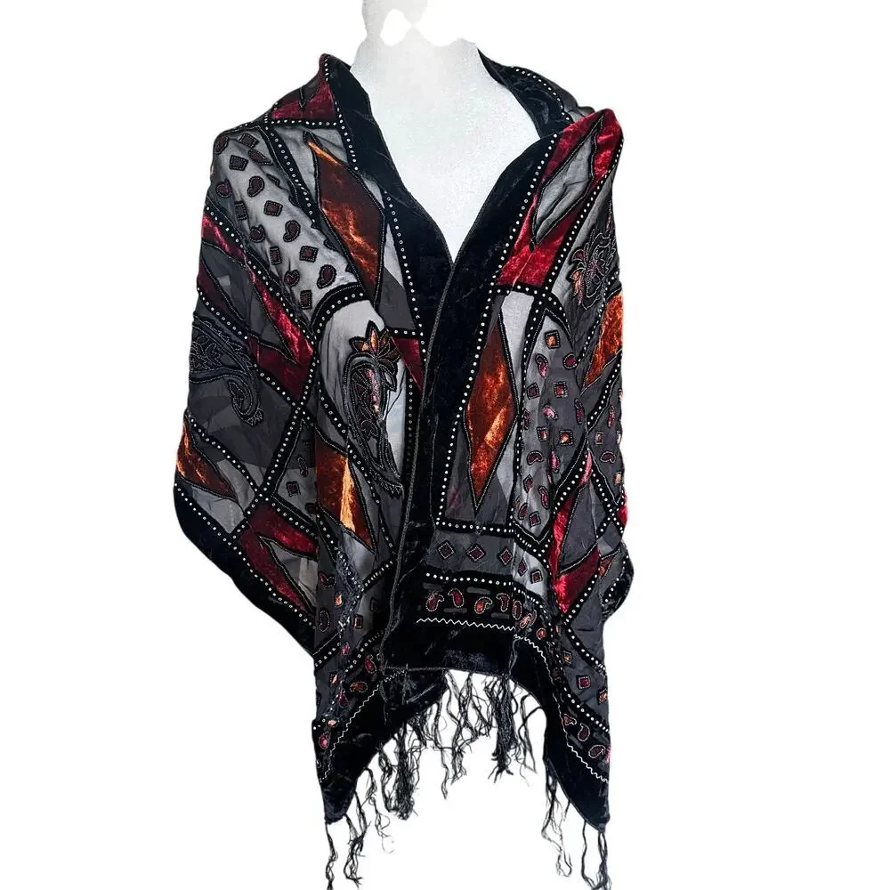 Vintage 90s Silk Velvet Art Deco Sheer boho shawl